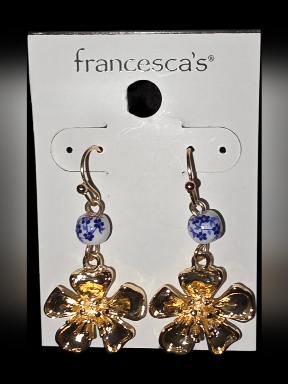 Francesca's Collections Gold Floral Drop Earrings with Blue-White Bead